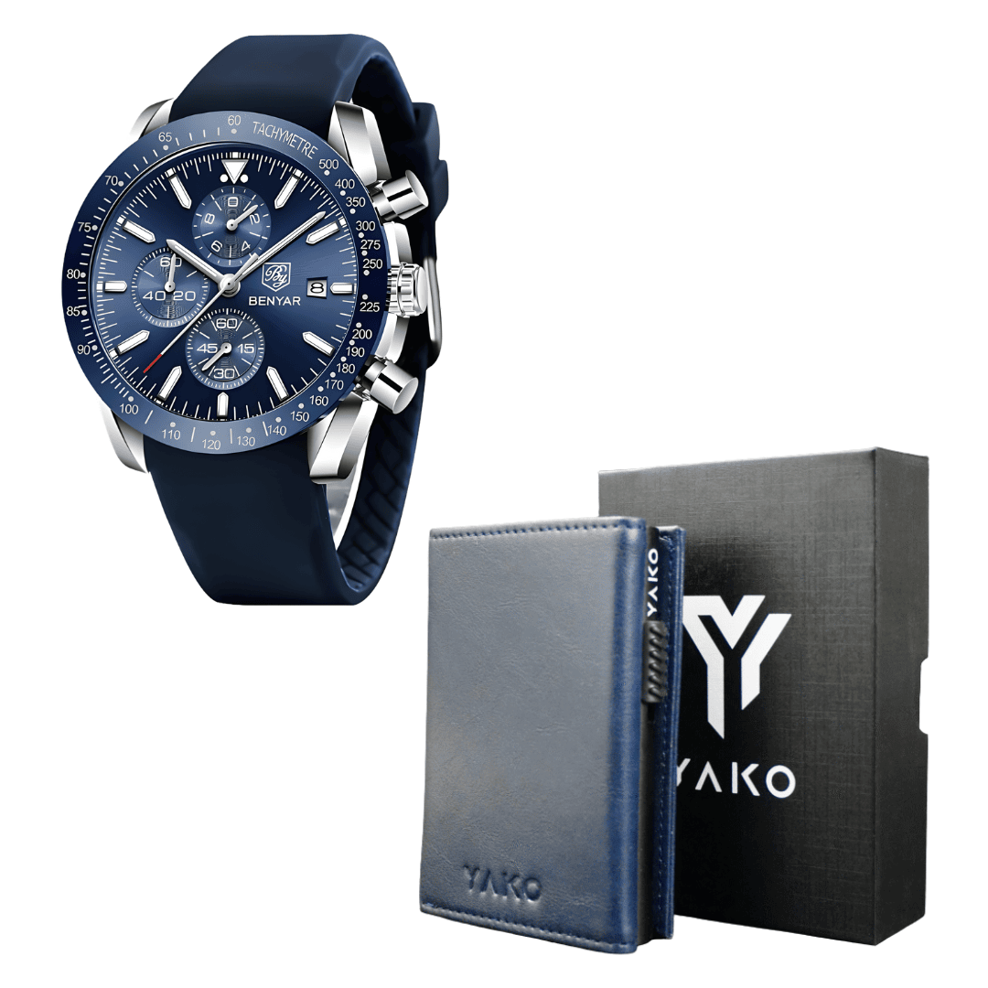 Combo Premium Azul Reloj línea Benyar + Billetera tarjetero