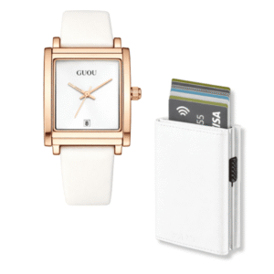 Combo Mujer Blanco y Dorado: Reloj GUOU + Billetera Tarjetero Anticlonación